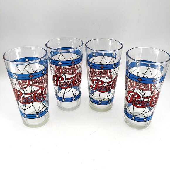 Vintage 1970s set of 4 Pepsi Cola Tumblers Drinking Glasses stained glass style - Picture 3 of 10